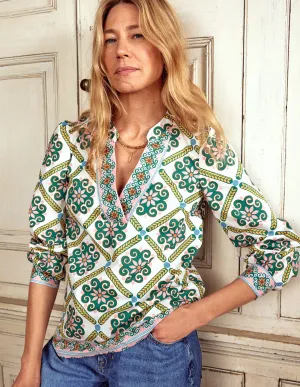 Cotton Notch Neck Top-Ivory. Baroque Tile