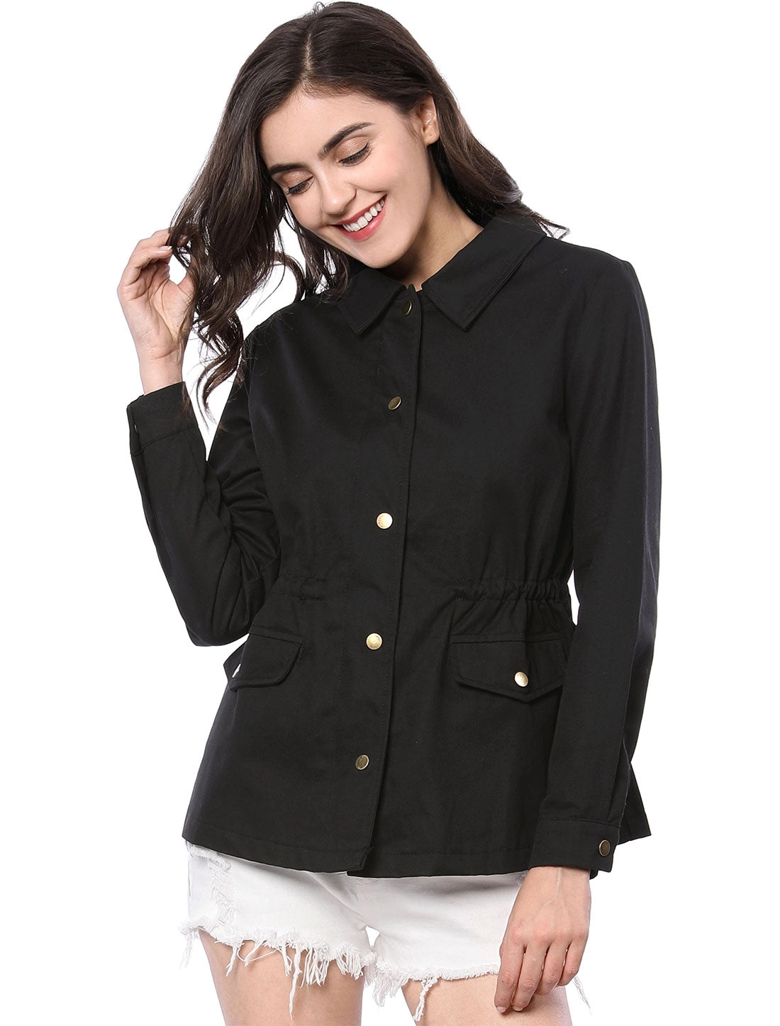 Drawstring Waist Flap Pocket Lightweight Utility Safari Jacket
