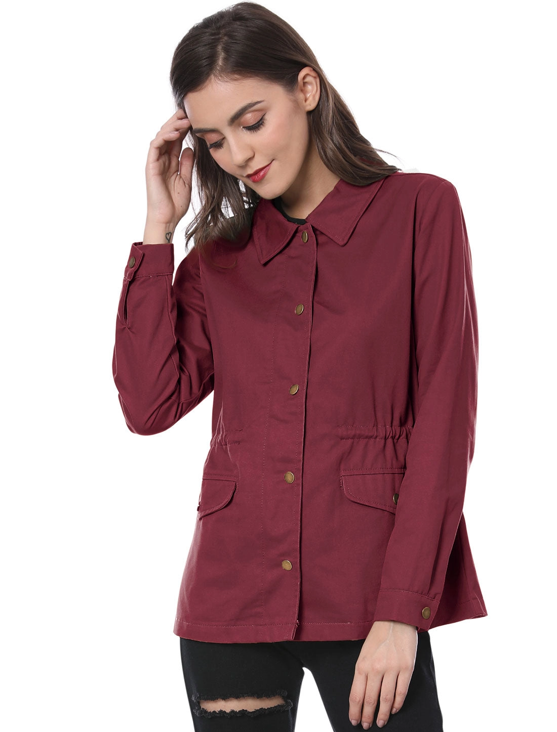 Drawstring Waist Flap Pocket Lightweight Utility Safari Jacket