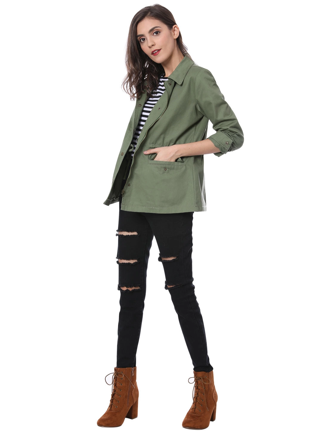 Drawstring Waist Flap Pocket Lightweight Utility Safari Jacket