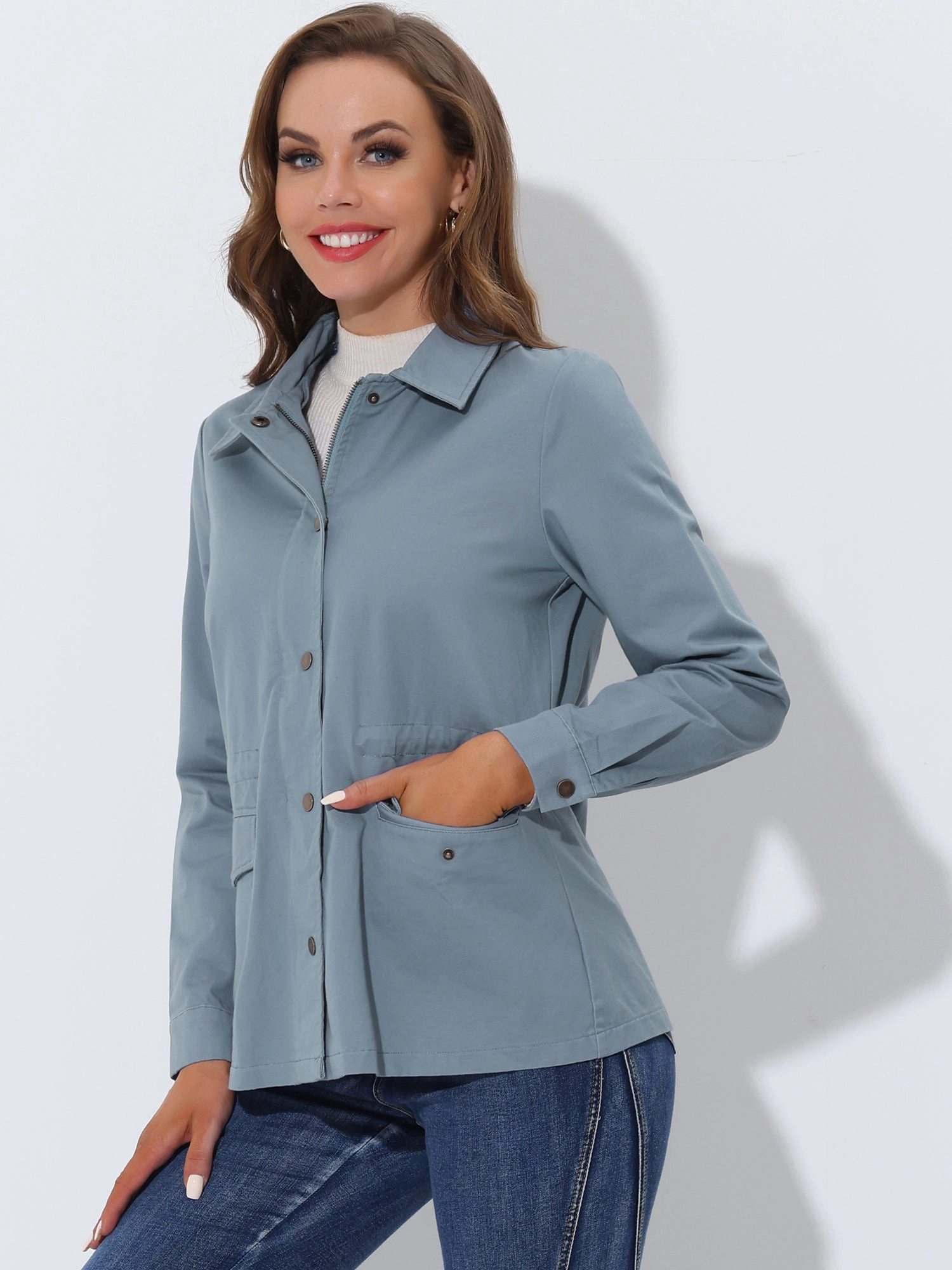 Drawstring Waist Flap Pocket Lightweight Utility Safari Jacket