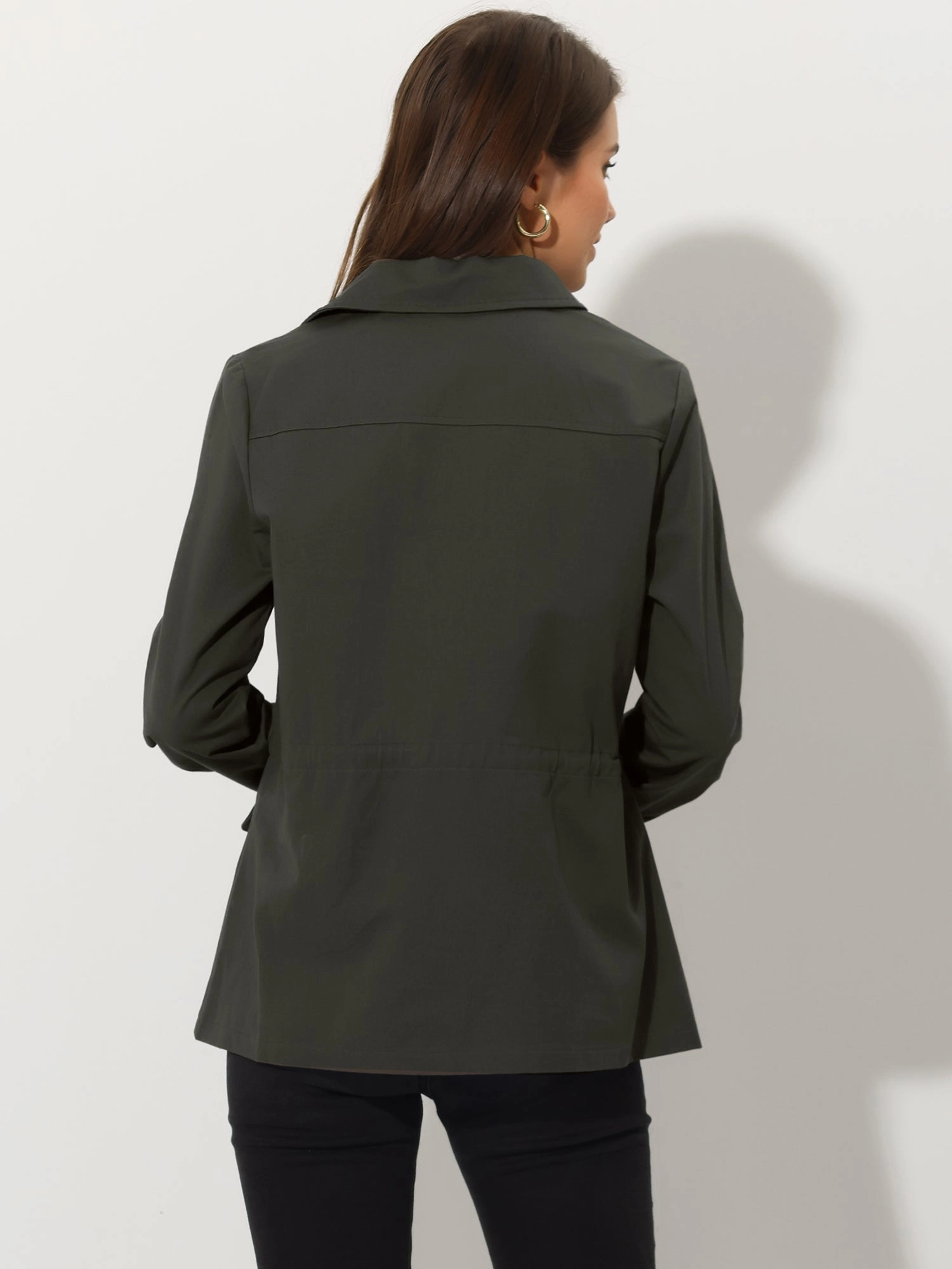 Drawstring Waist Flap Pocket Lightweight Utility Safari Jacket