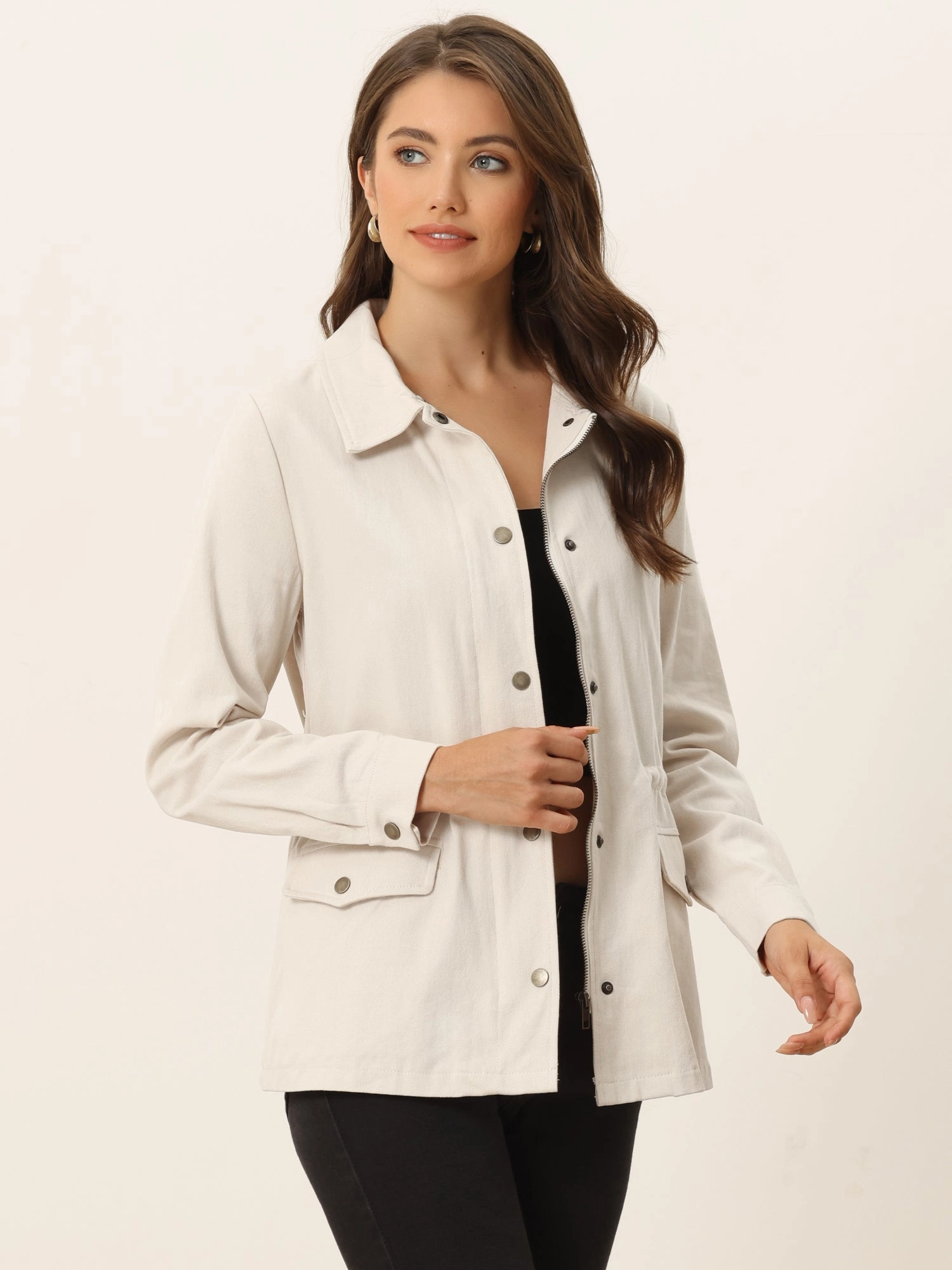 Drawstring Waist Flap Pocket Lightweight Utility Safari Jacket