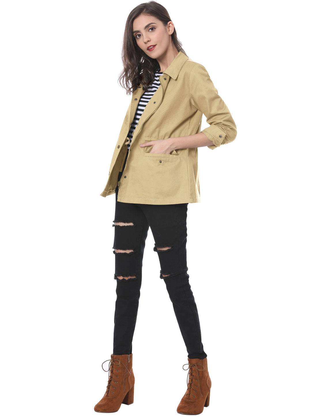 Drawstring Waist Flap Pocket Lightweight Utility Safari Jacket