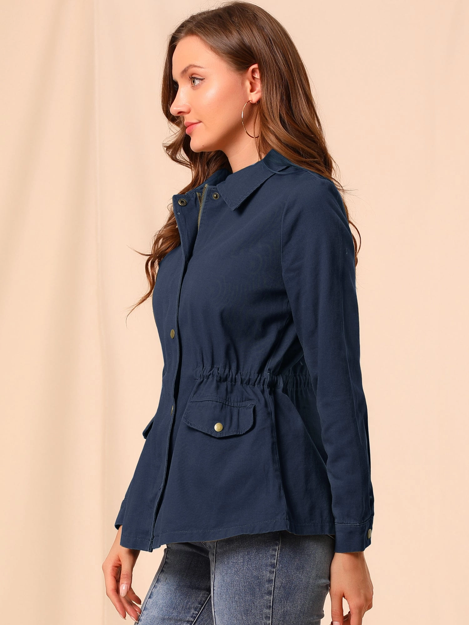 Drawstring Waist Flap Pocket Lightweight Utility Safari Jacket