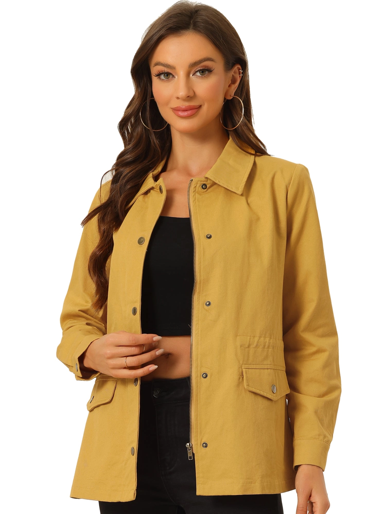 Drawstring Waist Flap Pocket Lightweight Utility Safari Jacket