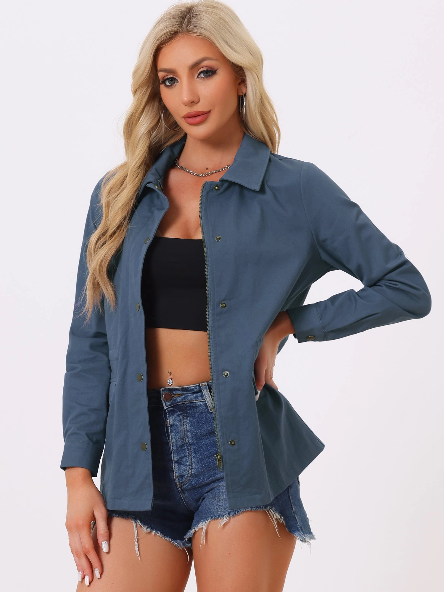 Drawstring Waist Flap Pocket Lightweight Utility Safari Jacket
