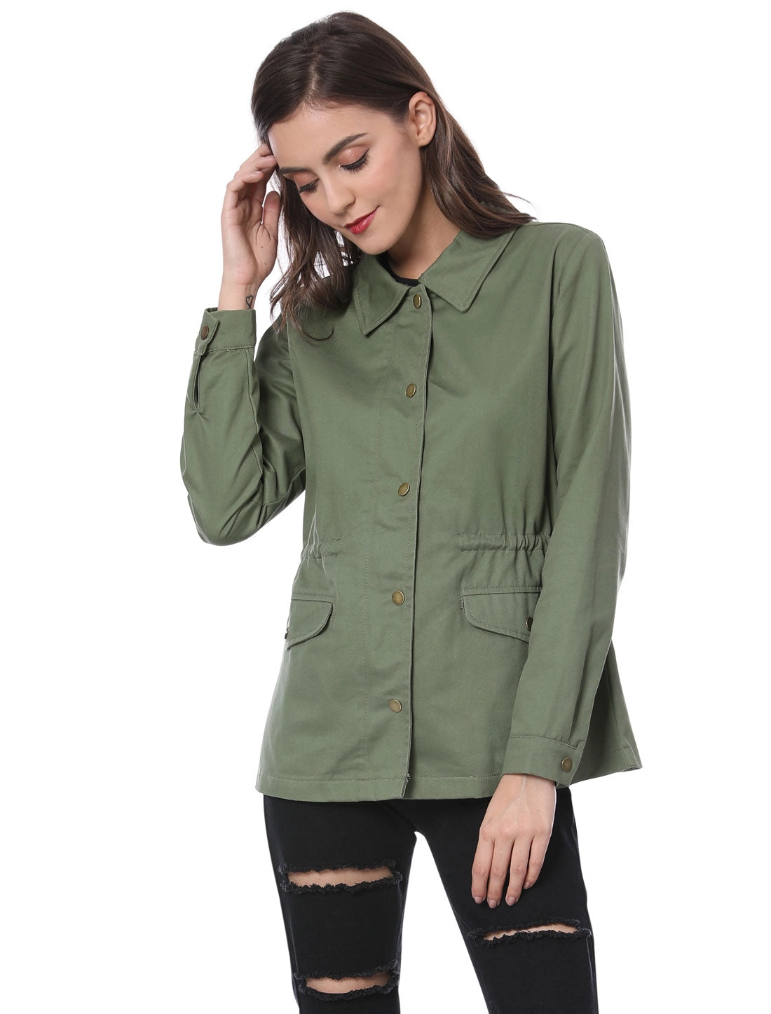 Drawstring Waist Flap Pocket Lightweight Utility Safari Jacket