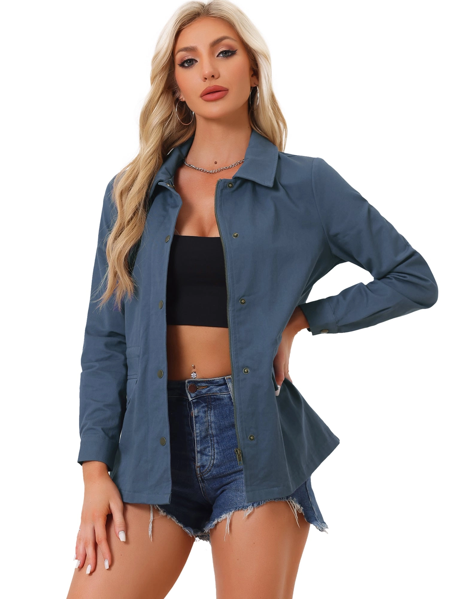Drawstring Waist Flap Pocket Lightweight Utility Safari Jacket