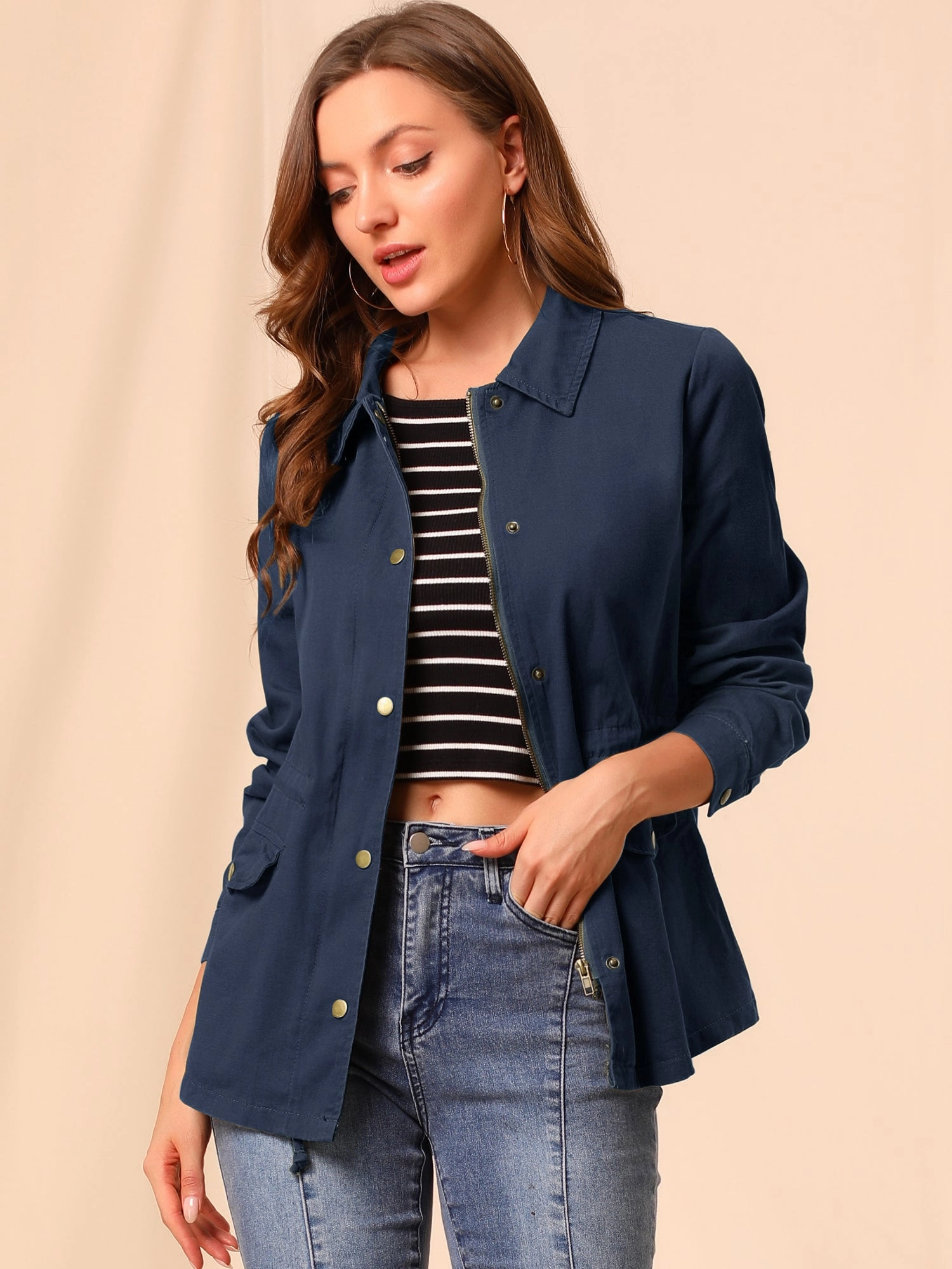 Drawstring Waist Flap Pocket Lightweight Utility Safari Jacket