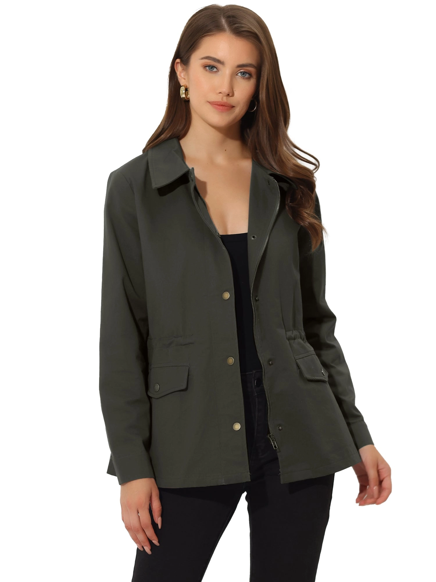 Drawstring Waist Flap Pocket Lightweight Utility Safari Jacket
