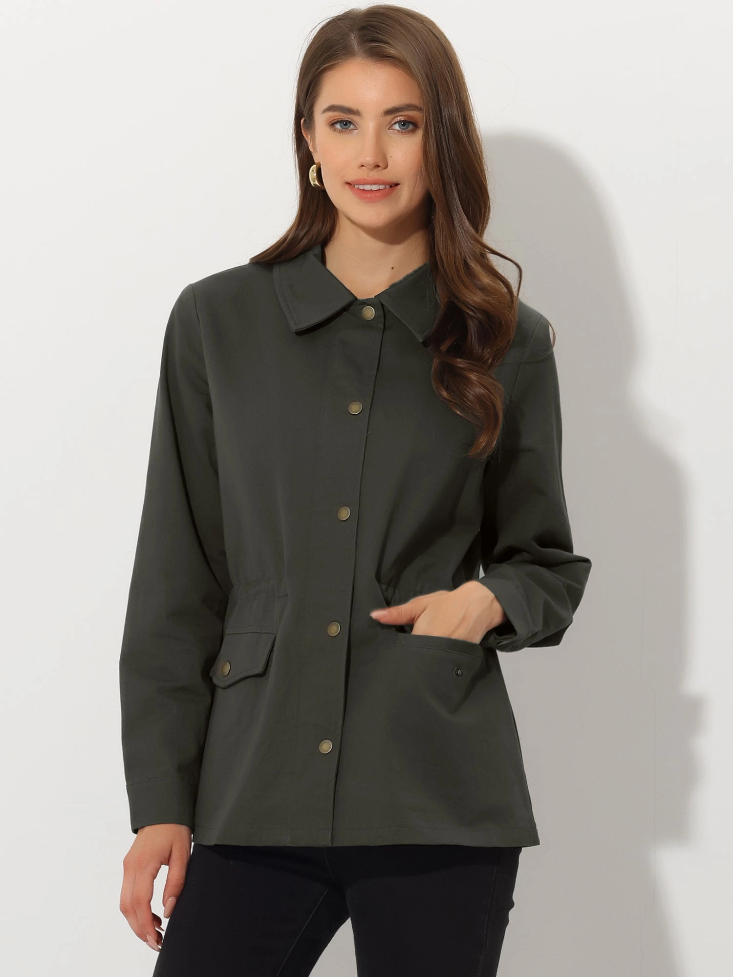 Drawstring Waist Flap Pocket Lightweight Utility Safari Jacket
