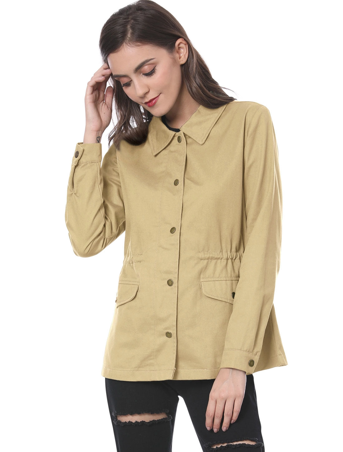 Drawstring Waist Flap Pocket Lightweight Utility Safari Jacket
