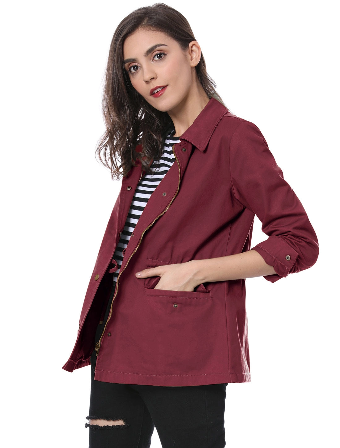 Drawstring Waist Flap Pocket Lightweight Utility Safari Jacket