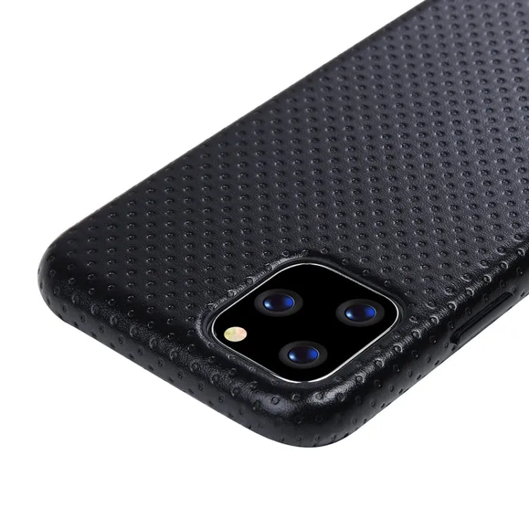 For iPhone 11 Mesh Texture Cowhide Leather Back Cover Semi-wrapped Shockproof Case