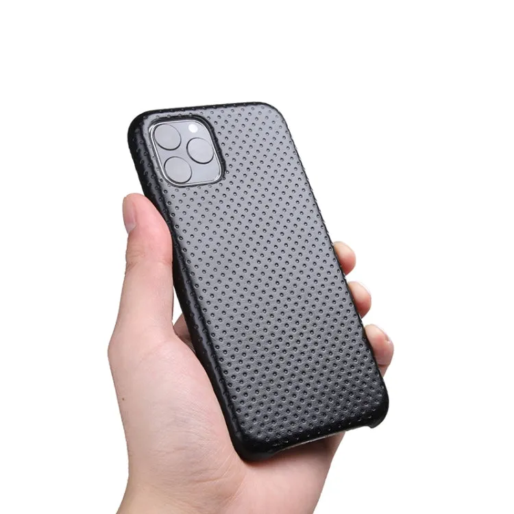 For iPhone 11 Mesh Texture Cowhide Leather Back Cover Semi-wrapped Shockproof Case