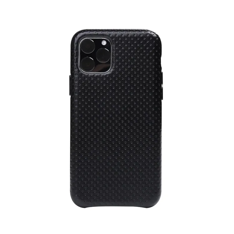 For iPhone 11 Mesh Texture Cowhide Leather Back Cover Semi-wrapped Shockproof Case