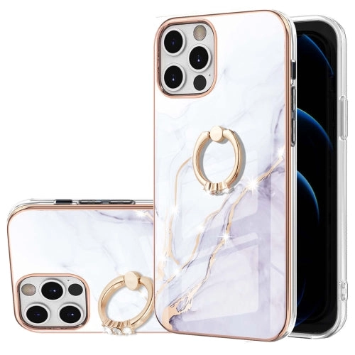 For iPhone 12 Electroplating Marble Pattern IMD TPU Shockproof Case with Ring Holder