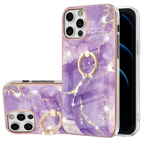 For iPhone 12 Electroplating Marble Pattern IMD TPU Shockproof Case with Ring Holder