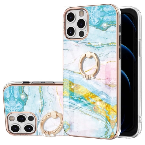 For iPhone 12 Electroplating Marble Pattern IMD TPU Shockproof Case with Ring Holder