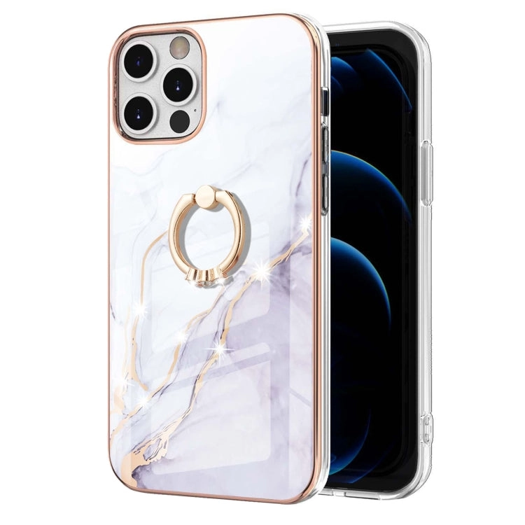 For iPhone 12 Electroplating Marble Pattern IMD TPU Shockproof Case with Ring Holder