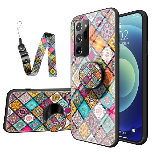 For Samsung Galaxy Note 20 Painted Ethnic Pattern Tempered Glass TPU Shockproof Case with Folding