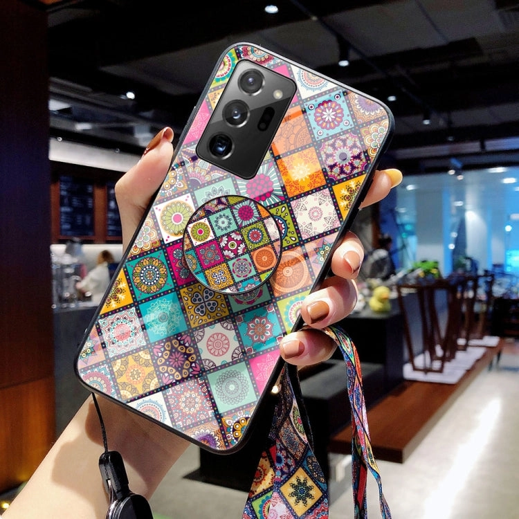 For Samsung Galaxy Note 20 Painted Ethnic Pattern Tempered Glass TPU Shockproof Case with Folding