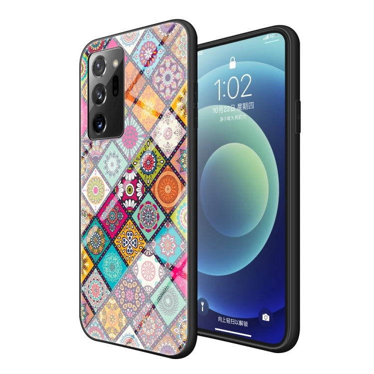 For Samsung Galaxy Note 20 Painted Ethnic Pattern Tempered Glass TPU Shockproof Case with Folding