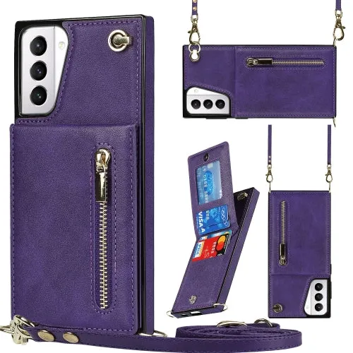 For Samsung Galaxy S21  5G Cross-body Zipper Square TPU PU Back Cover Case with Holder  Card