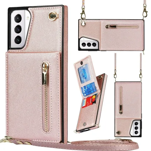 For Samsung Galaxy S21  5G Cross-body Zipper Square TPU PU Back Cover Case with Holder  Card