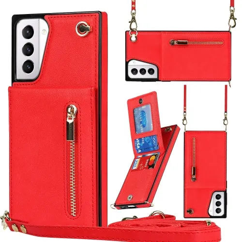 For Samsung Galaxy S21  5G Cross-body Zipper Square TPU PU Back Cover Case with Holder  Card