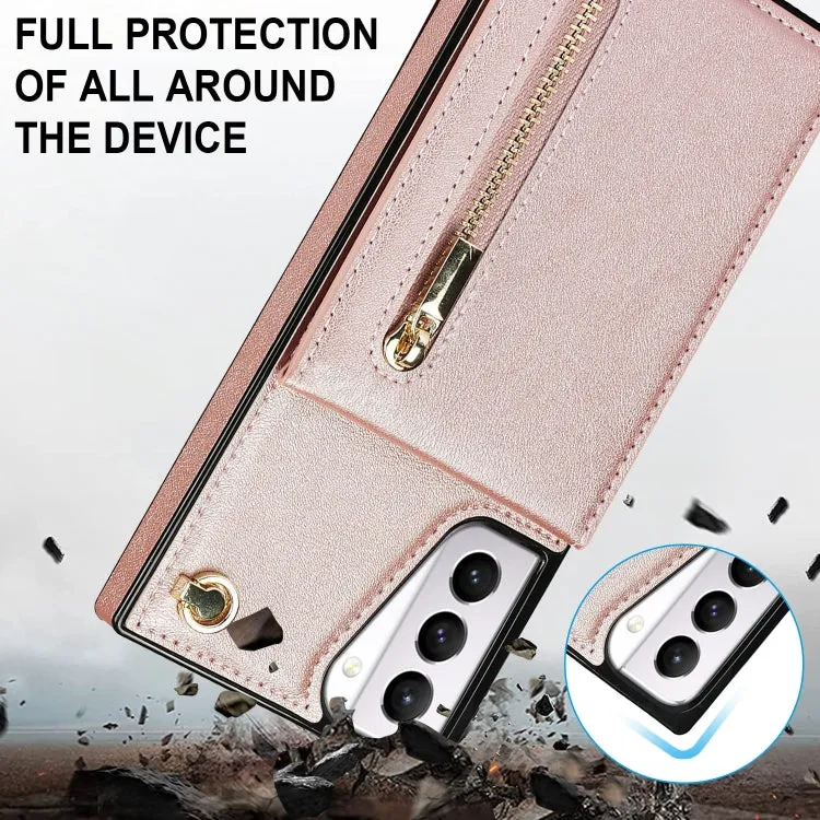 For Samsung Galaxy S21  5G Cross-body Zipper Square TPU PU Back Cover Case with Holder  Card