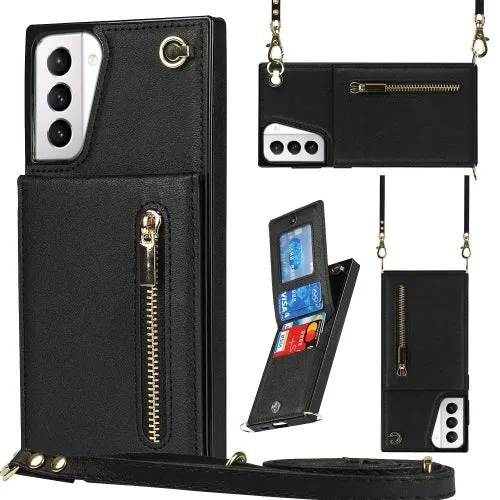 For Samsung Galaxy S21  5G Cross-body Zipper Square TPU PU Back Cover Case with Holder  Card