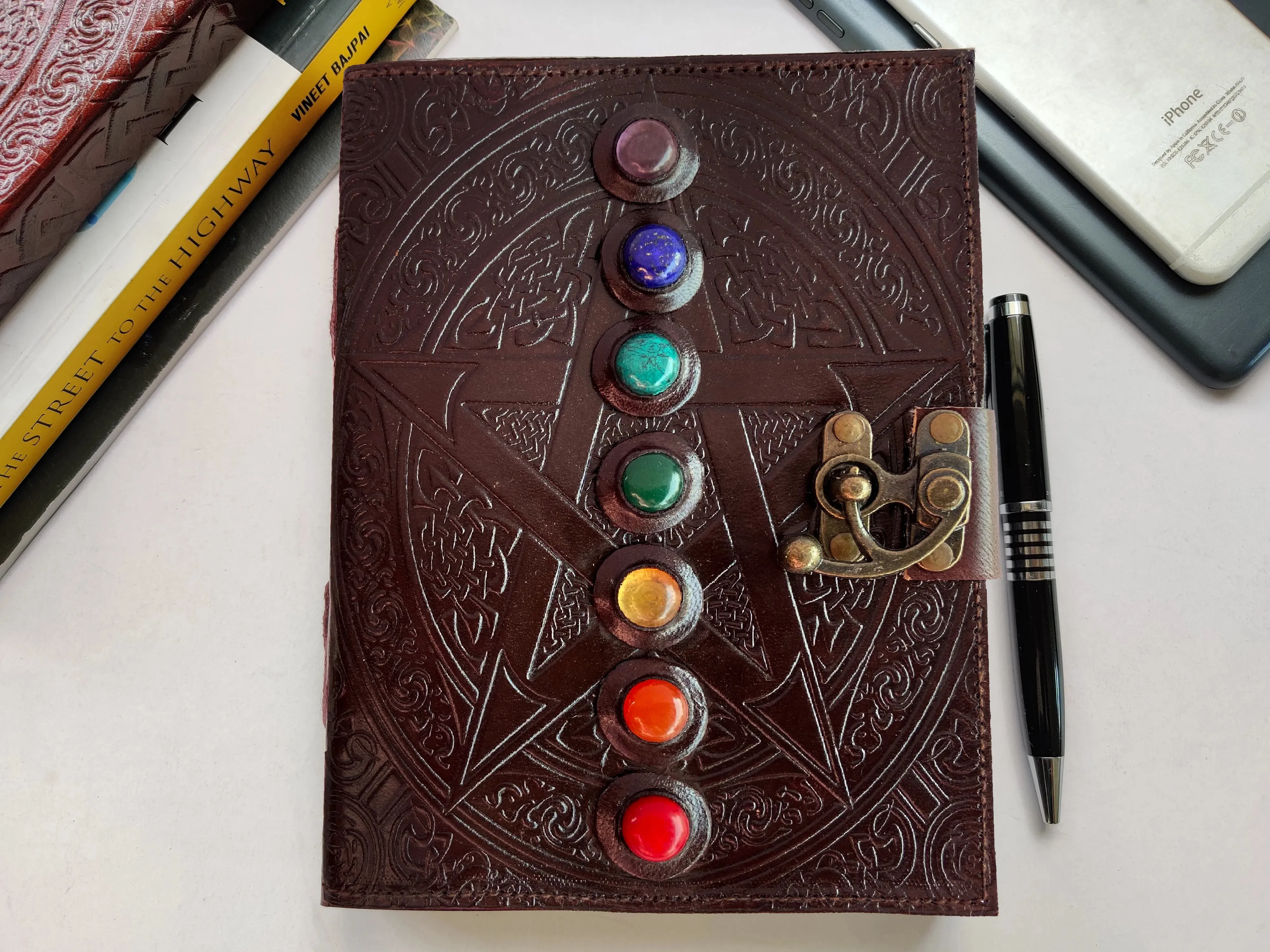 Leather Bound Journal - Vintage 7 Stone Journal with Lock - Book of Shadow by Rustic Town
