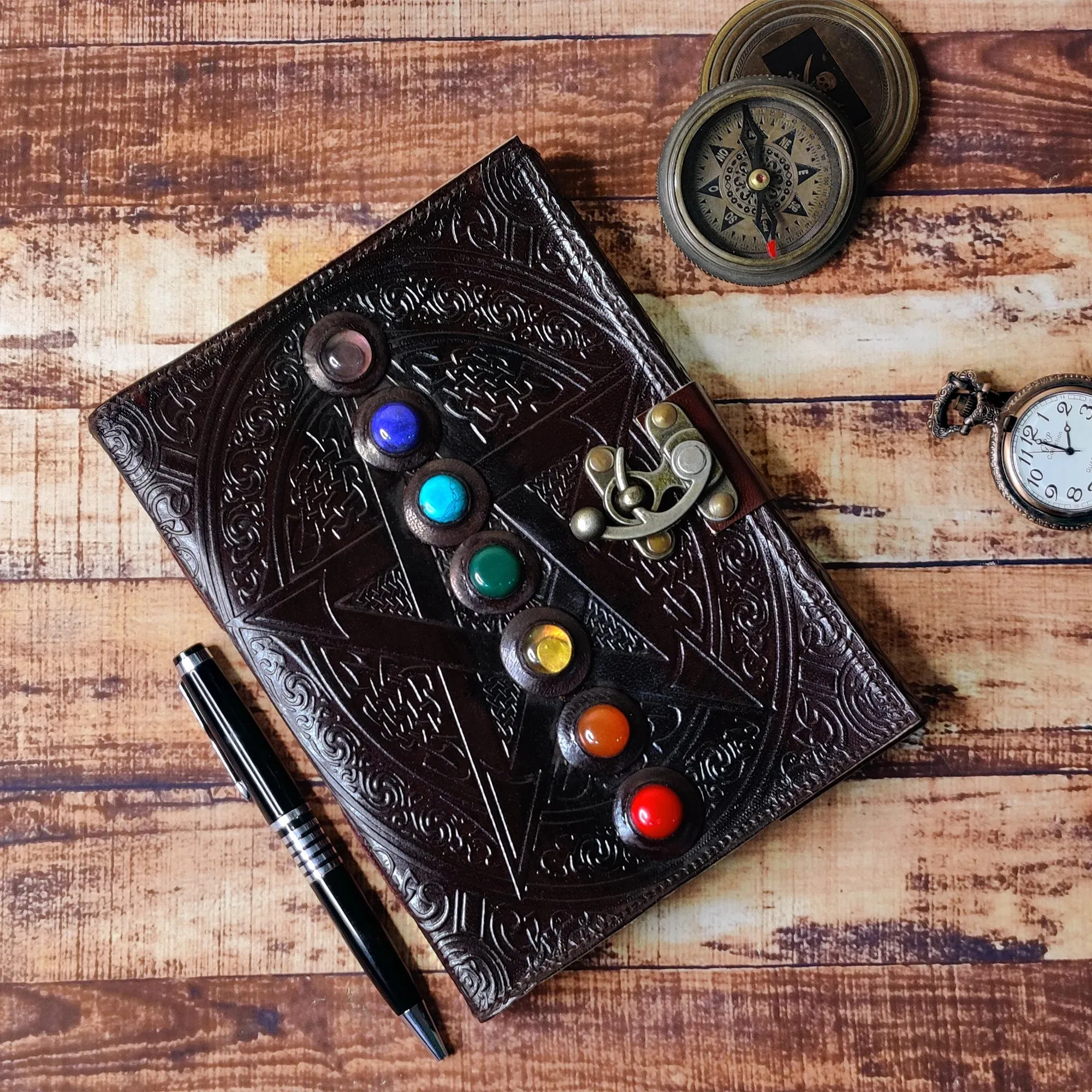 Leather Bound Journal - Vintage 7 Stone Journal with Lock - Book of Shadow by Rustic Town