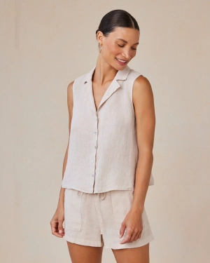Linen Sleeveless Notch Collar Button Down - Linen Sand