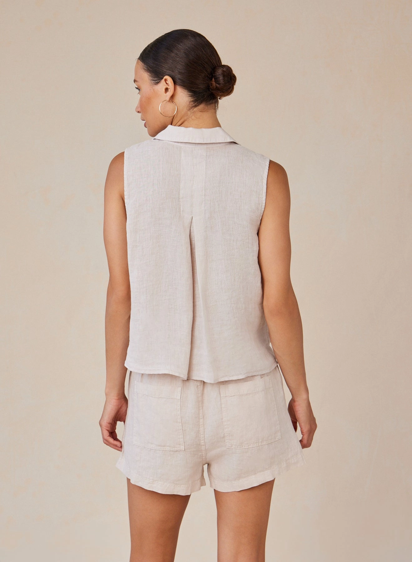Linen Sleeveless Notch Collar Button Down - Linen Sand