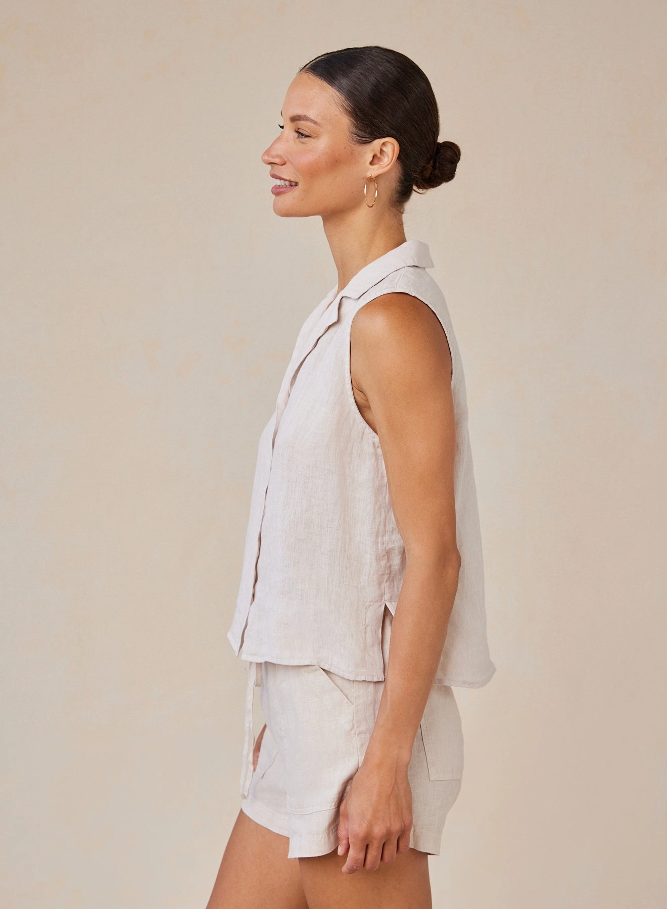 Linen Sleeveless Notch Collar Button Down - Linen Sand