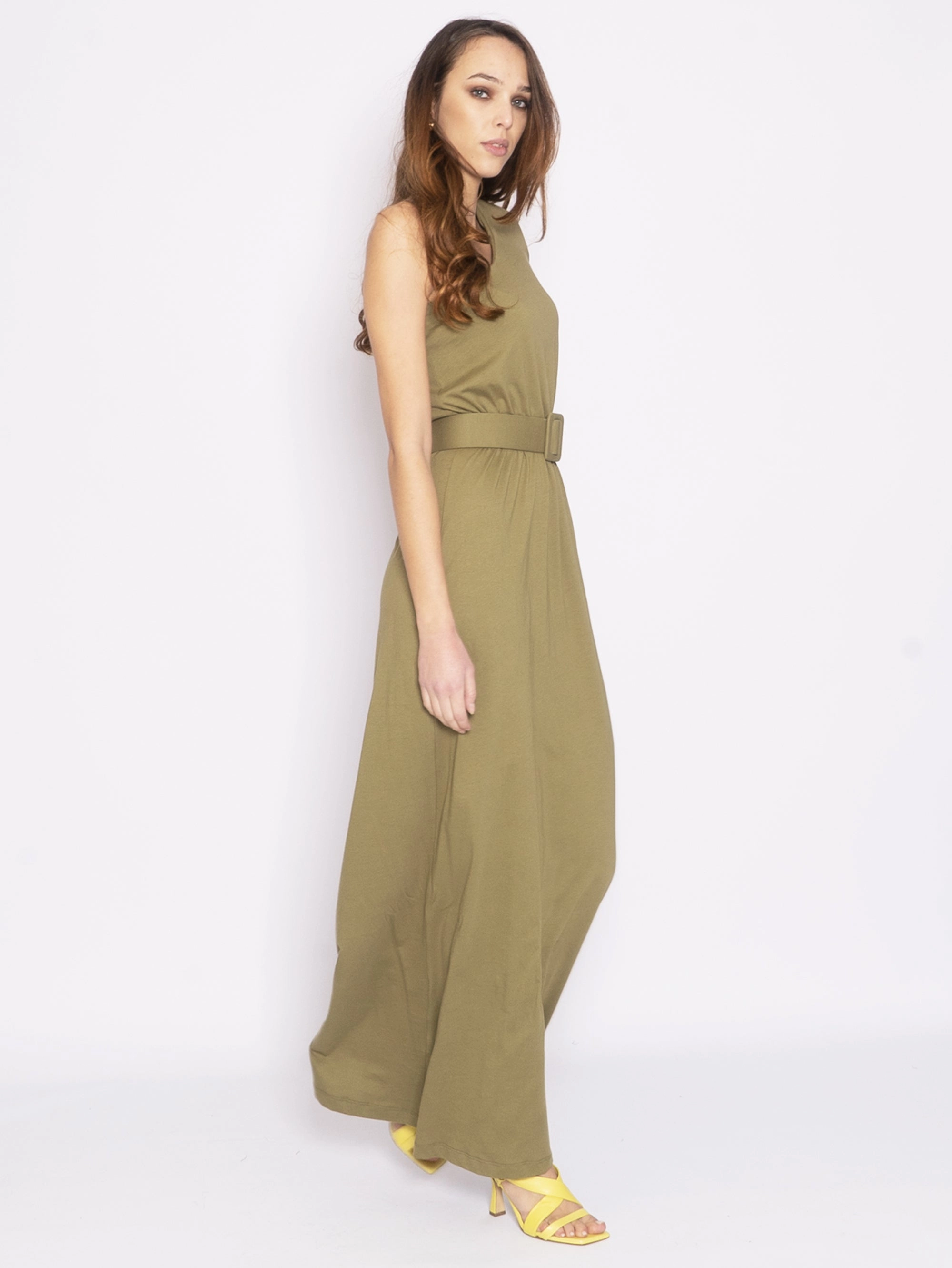 Mono Shoulder Jersey Dress - Military Green