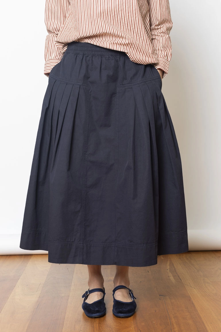Pleated Cotton Skirt - Navy