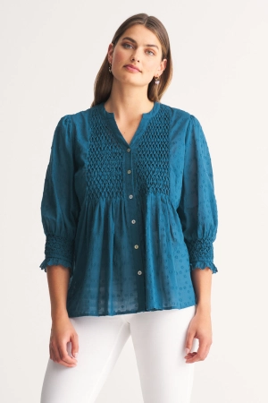 Smocked Cotton Blouse - Vintage Indigo