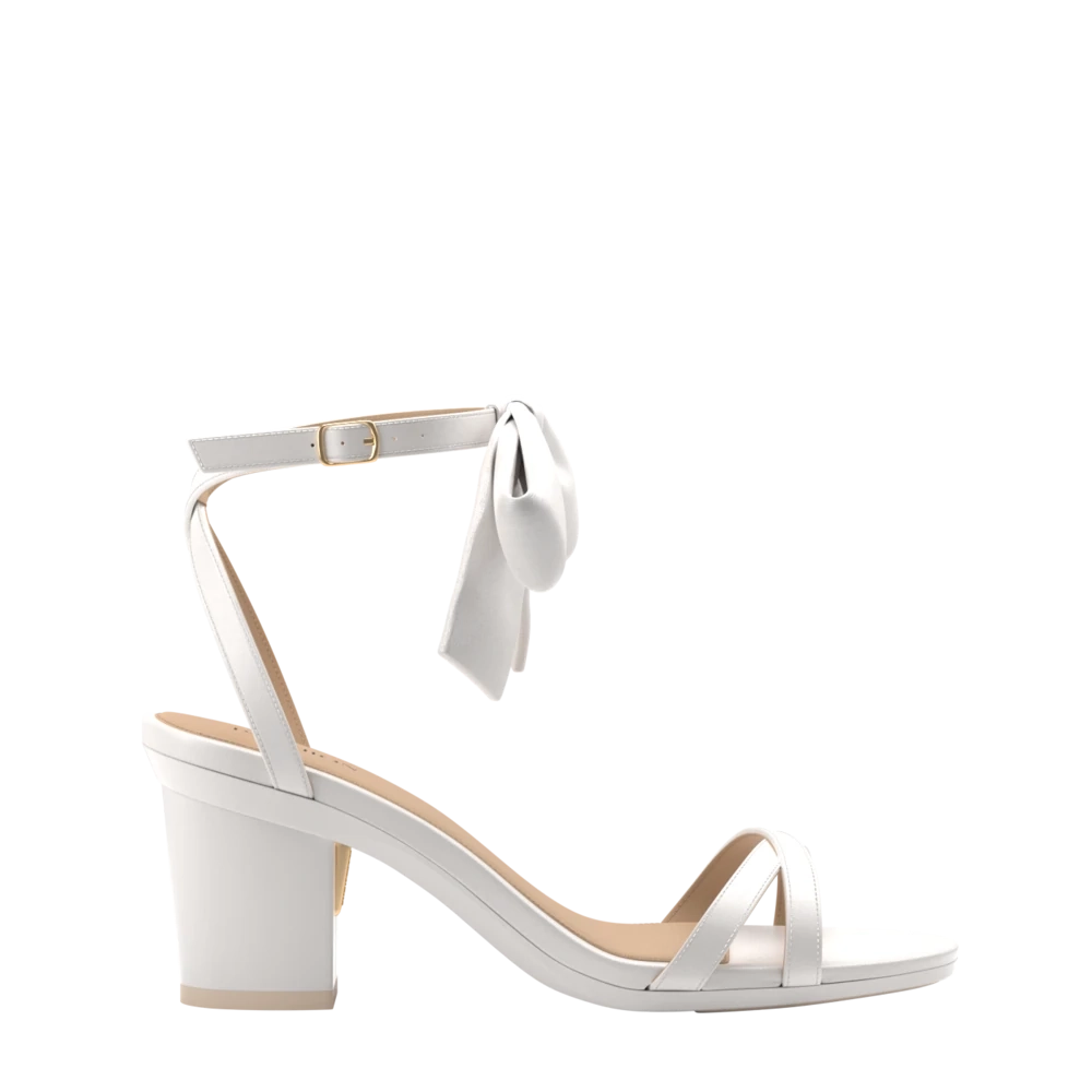 The Brynn White Satin Bow   Block Heel Kit 3 White - FINAL SALE