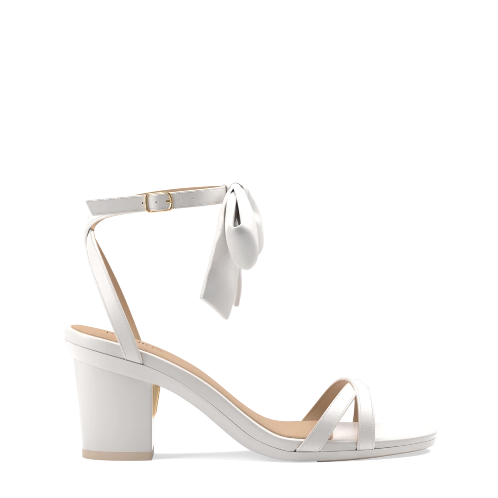 The Brynn White Satin Bow   Block Heel Kit 3 White - FINAL SALE
