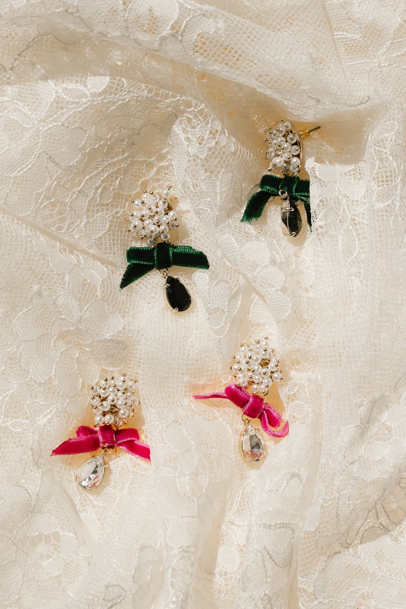 Velvet Bow and Pearl Drop Earrings in Emerald