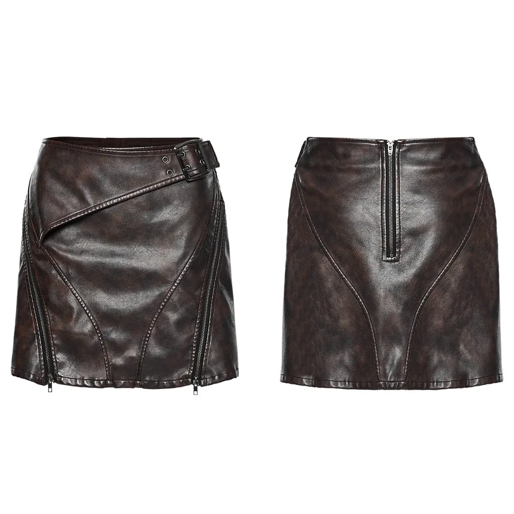 Women's Punk Buckle Faux Leather A-line Short Skirt Coffee
