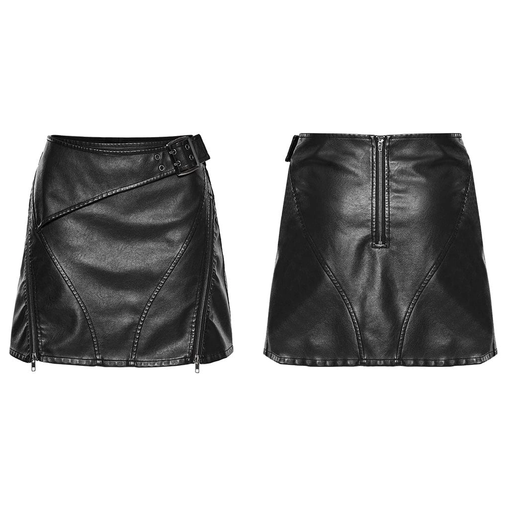 Women's Punk Buckle Faux Leather A-line Short Skirt