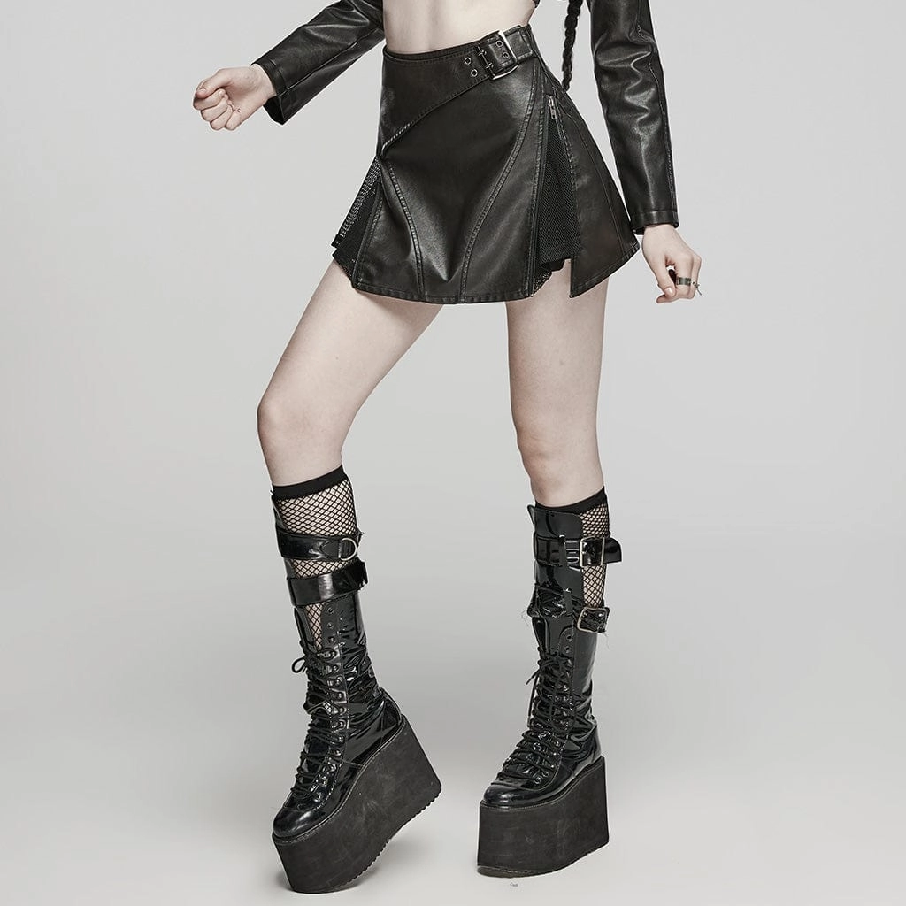 Women's Punk Buckle Faux Leather A-line Short Skirt